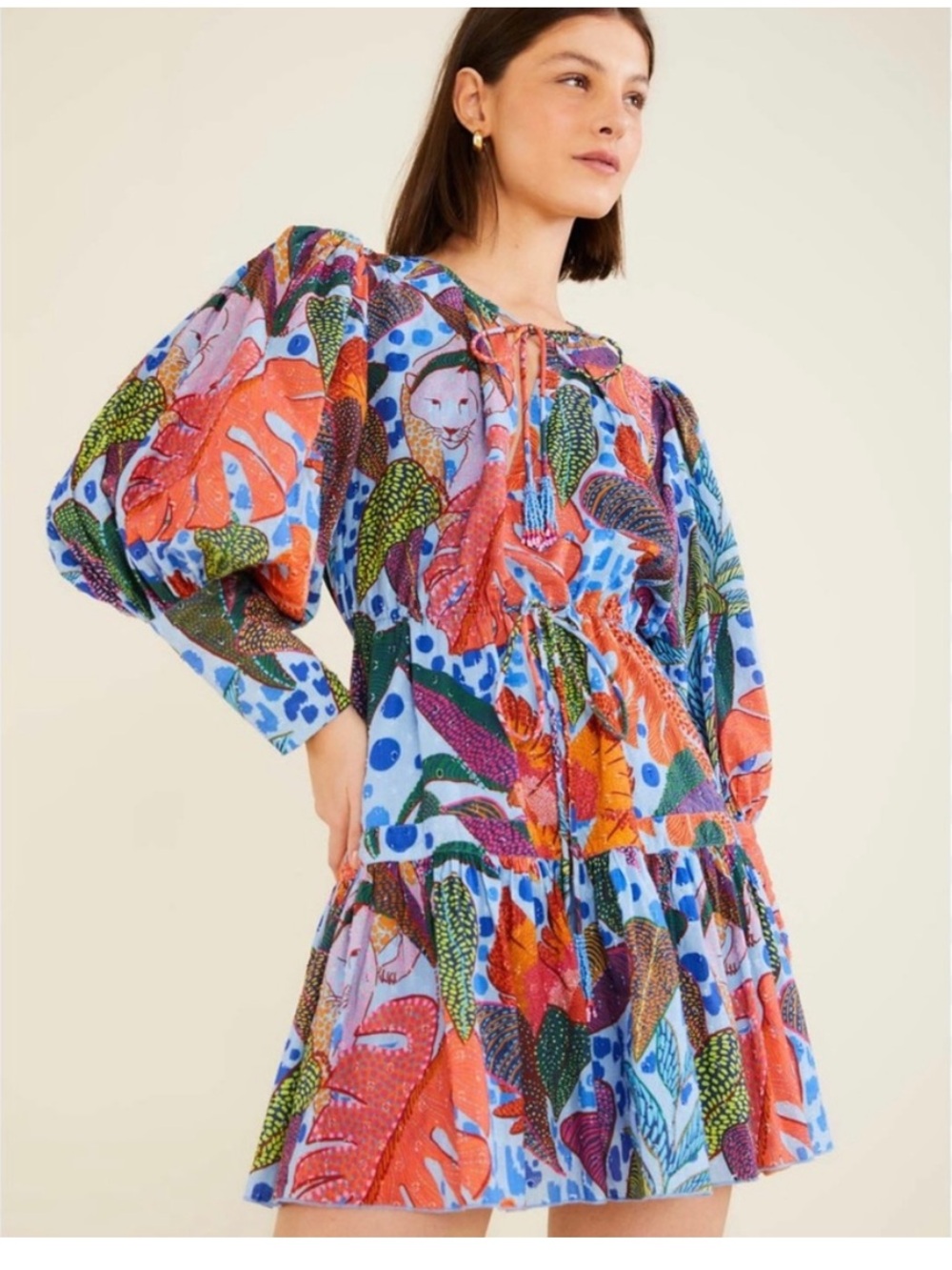 FARM Rio Multicolor Botanical Puff-Sleeve Mini Dress-  NEW with tag!
